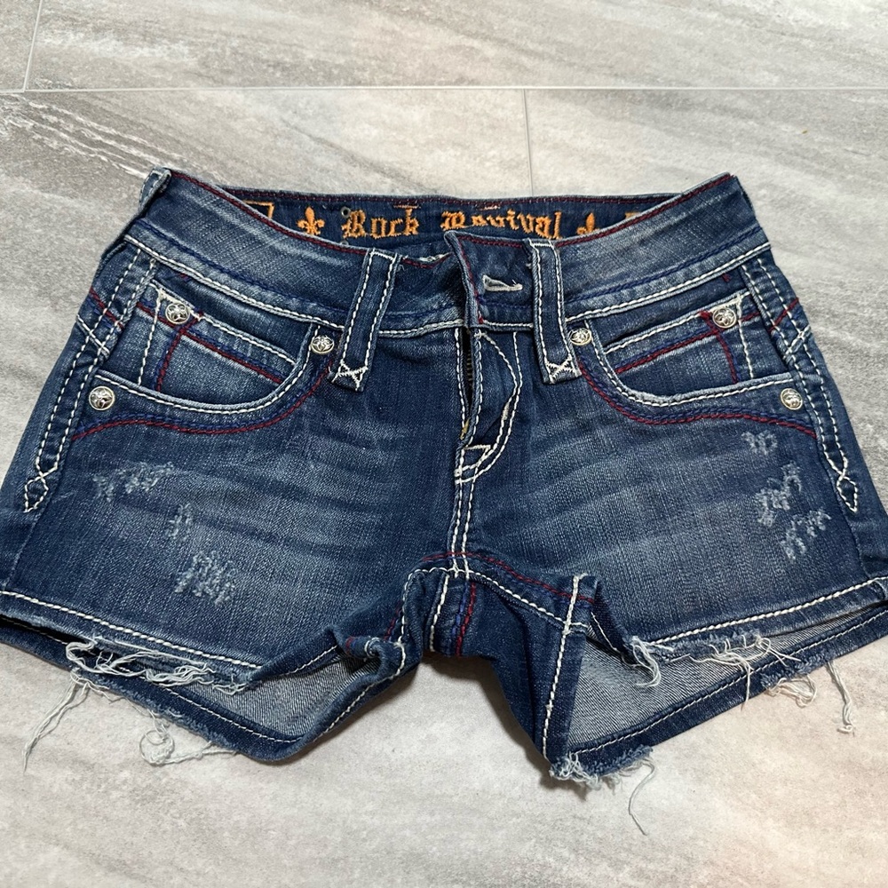 Rock Revival Becky Blue Jean Shorts with Red Stitching
